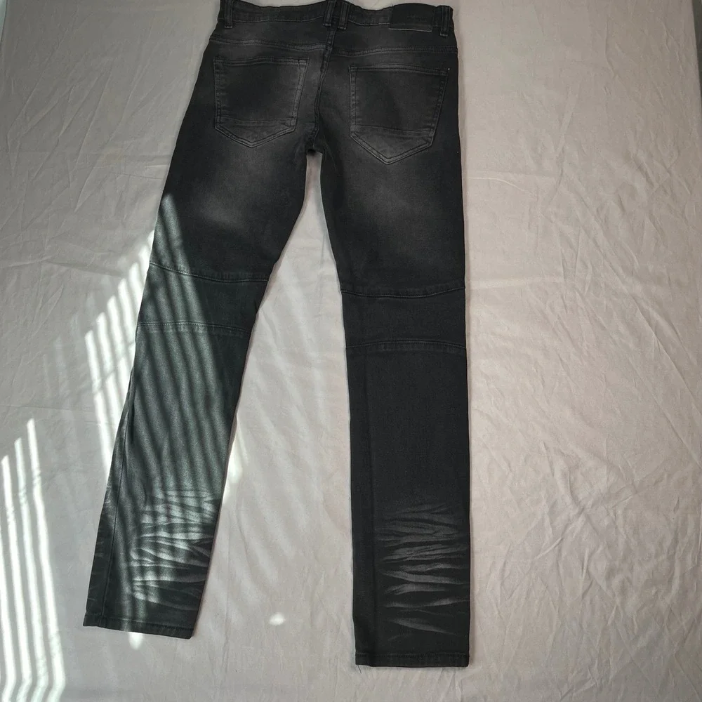 Mad Blue Mens Moto Biker Skinny Jeans Black Faded Ribbed Knee 32x33